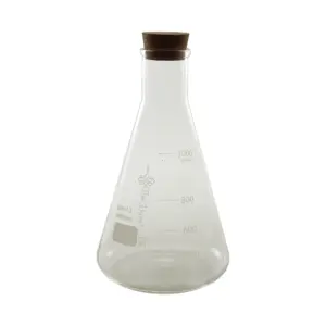 matraz Erlenmeyer 1000 ml The Bars de vidrio borosilicato con escala impresa y tapón de corcho