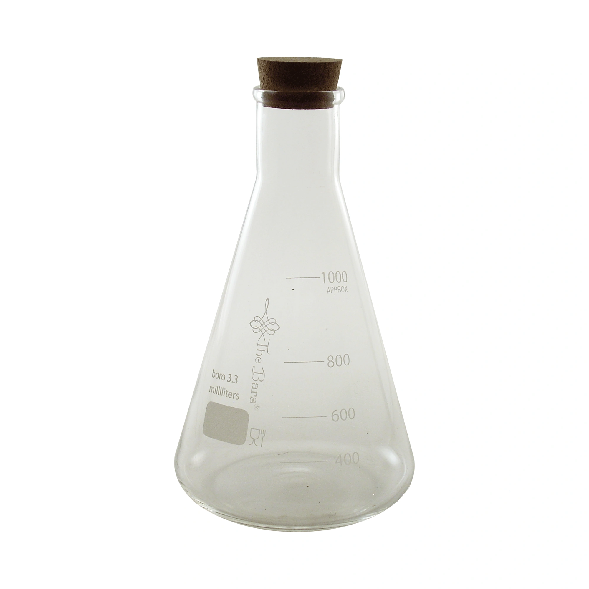 matraz Erlenmeyer 1000 ml The Bars de vidrio borosilicato con escala impresa y tapón de corcho