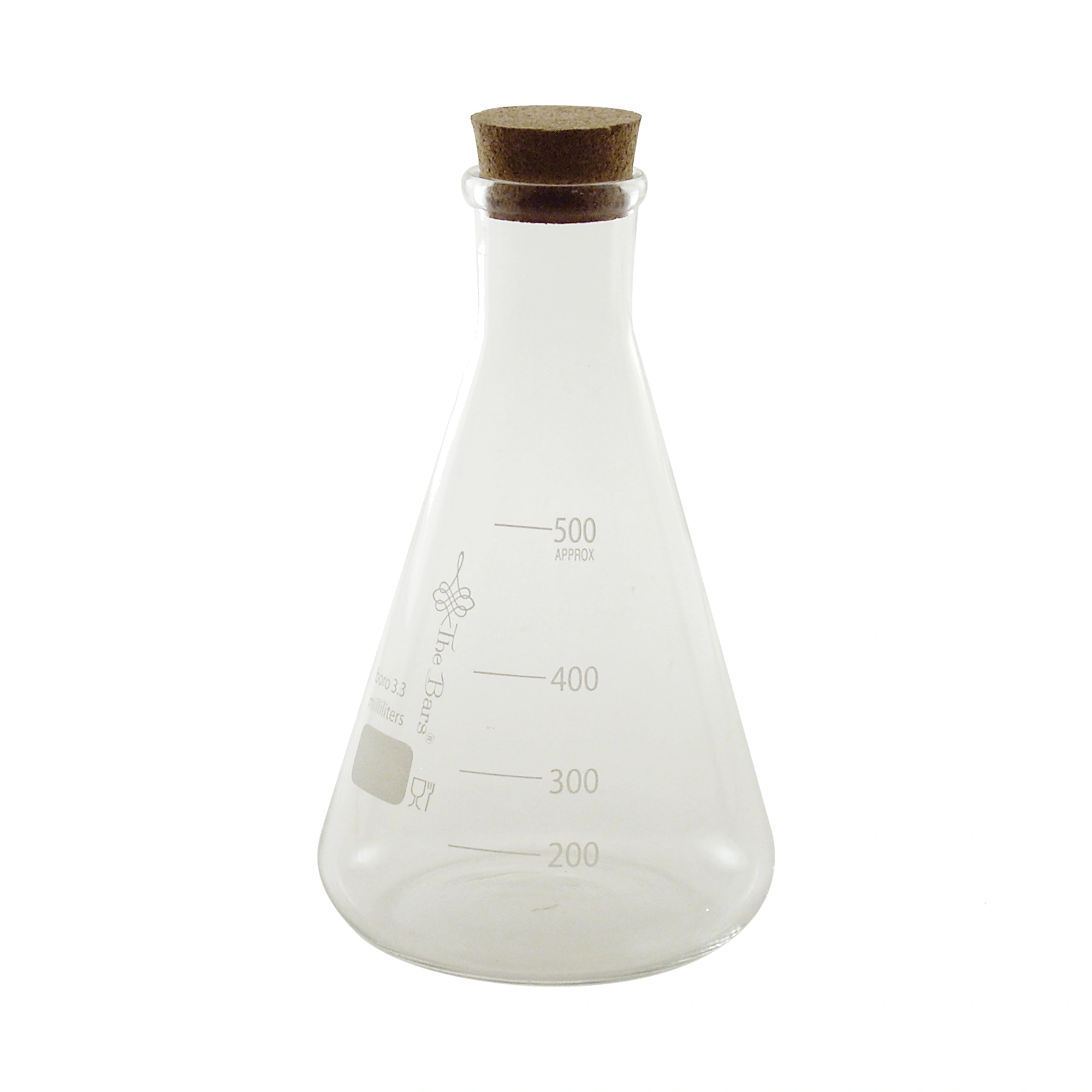 matraz Erlenmeyer 500 ml The Bars de medio litro en vidrio borosilicato con tapón de corcho
