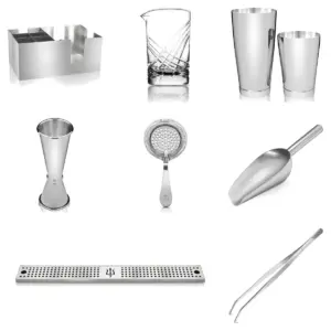 kit de coctelería profesional Lumian: organizador de barra, vaso mezclador, coctelera Boston, jigger, colador, pala, tapete de barra y pinza