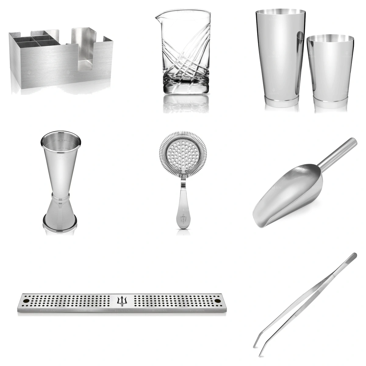 kit de coctelería profesional Lumian: organizador de barra, vaso mezclador, coctelera Boston, jigger, colador, pala, tapete de barra y pinza