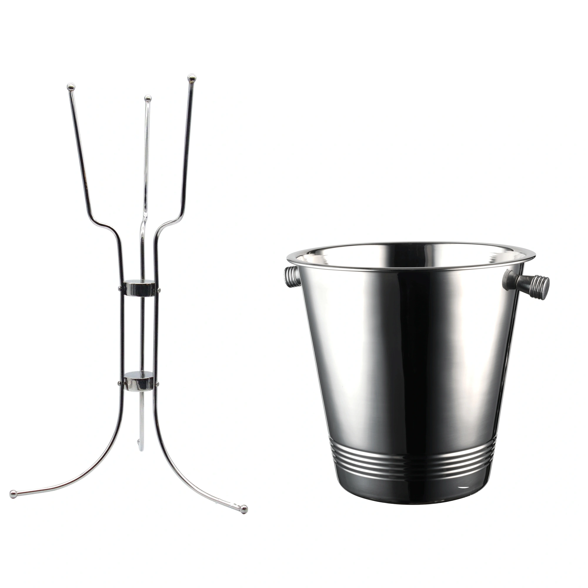 cubitera con soporte: las dos piezas del kit The Bars, el soporte tubular y la cubitera Classic Line de acero pulido